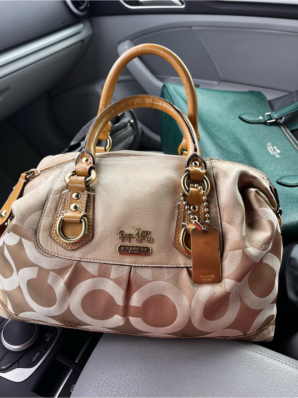 Coach Beige Signature Satchel With Tan Leather Trim